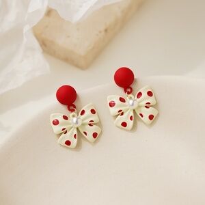 *HARRIET* Red x Ivory Polka Dot Fashion Bow Earrings